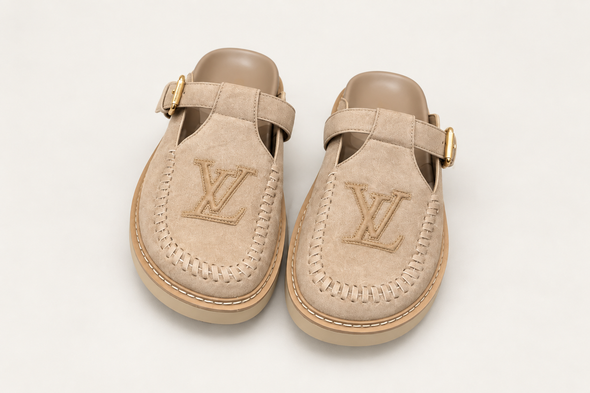 Louis Vuitton Suede Buckle Mule Beige clean background front view