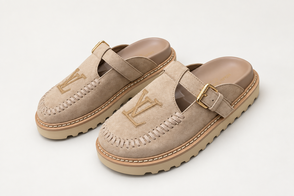 Louis Vuitton Suede Buckle Mule Beige clean background angled view