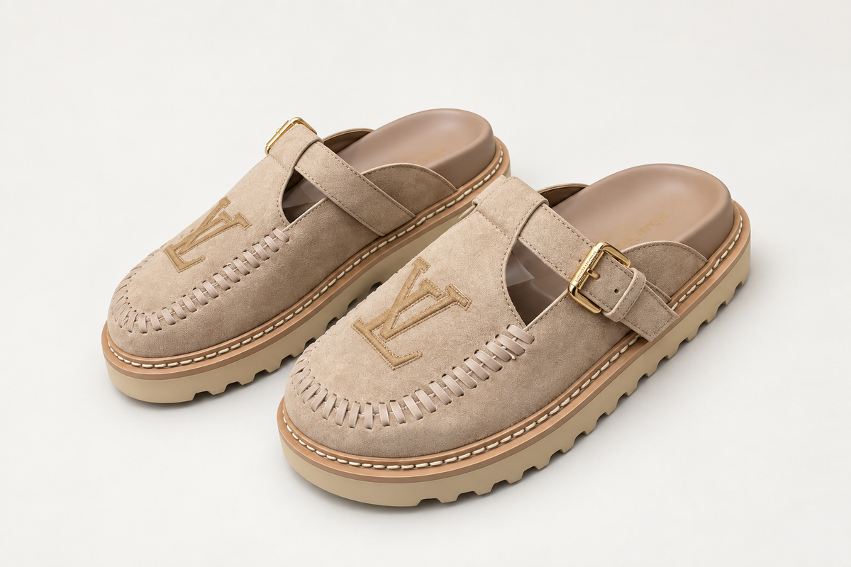 Louis Vuitton Suede Buckle Mule Beige clean background angled view