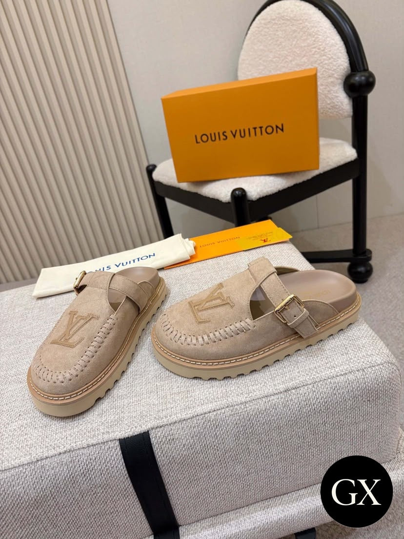 Louis Vuitton Suede Buckle Mule Beige original GX