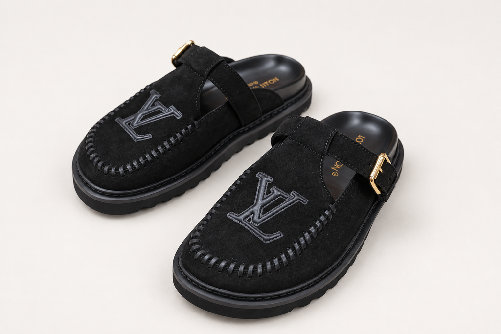 Louis Vuitton Suede Buckle Mule Black clean background angled view