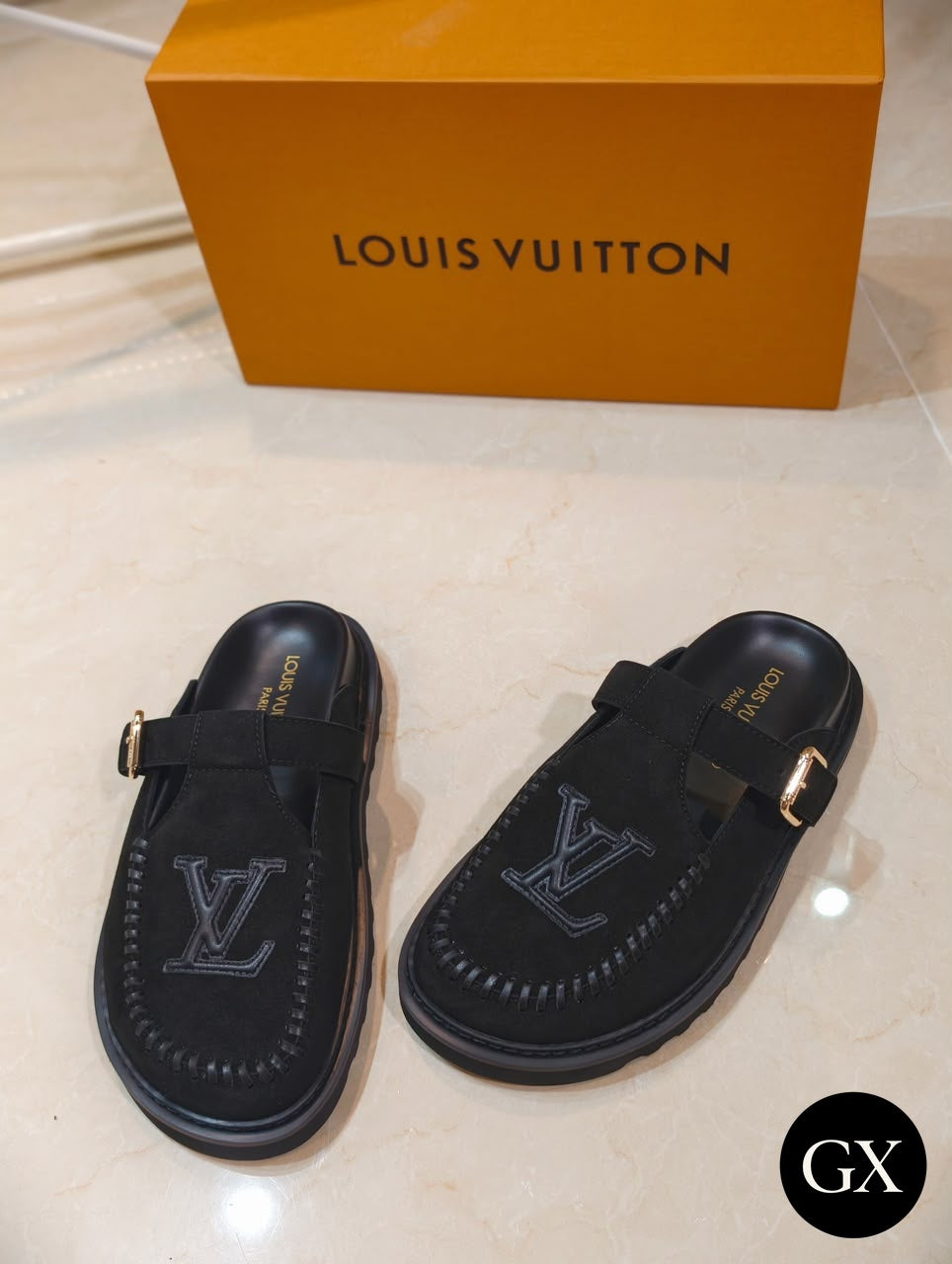 Louis Vuitton Suede Buckle Mule Black original GX