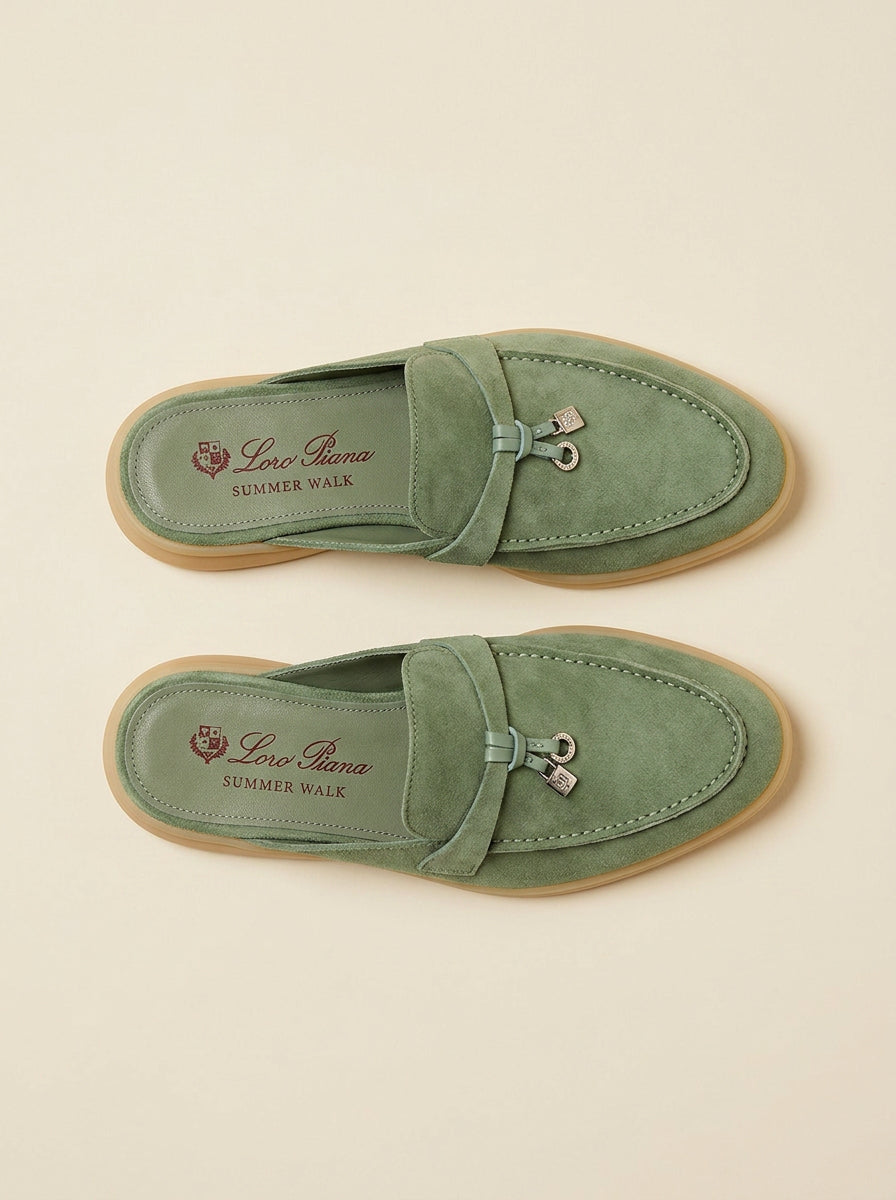 Loro Piana Summer Charms Walk sage green suede — top