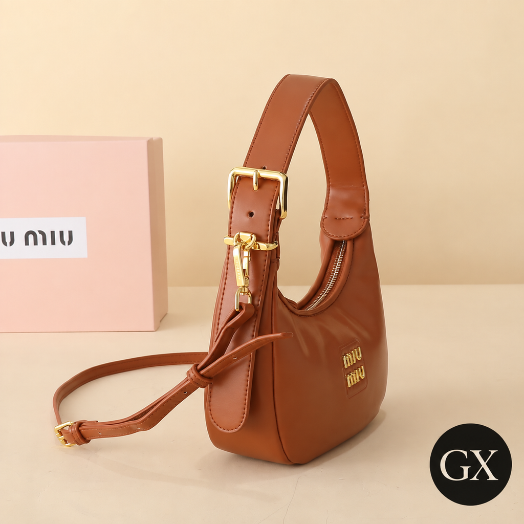 Miu Miu Logo Hobo Bag חום – צילום צד מקורי עם GX