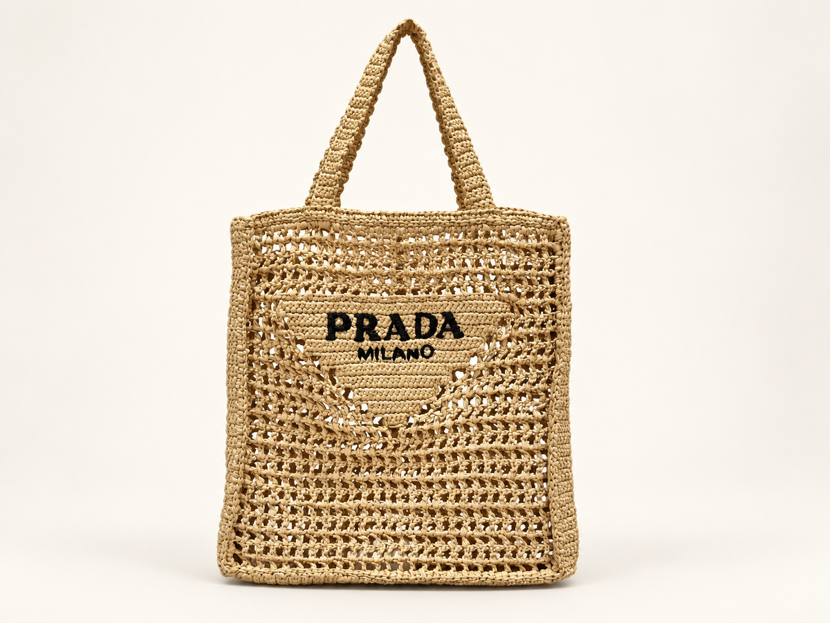 Prada Logo Embroidered raffia tote natural – front