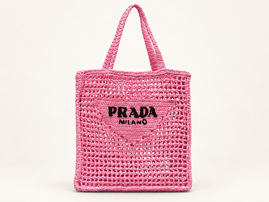 Prada Logo Embroidered raffia tote pink – front