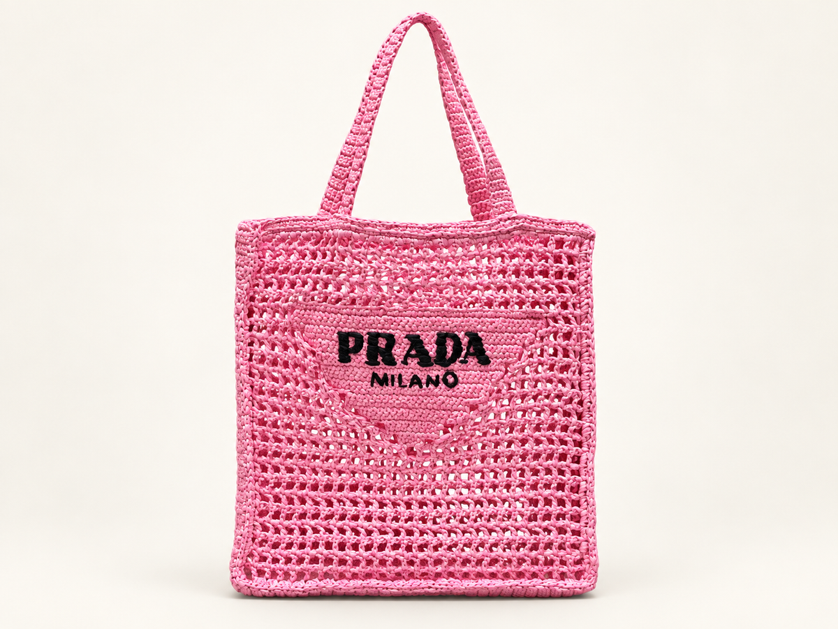 Prada Logo Embroidered raffia tote pink – front