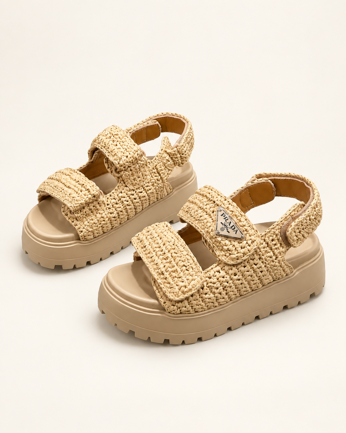 Prada Raffia Platform Sandals – Beige – תמונה 2