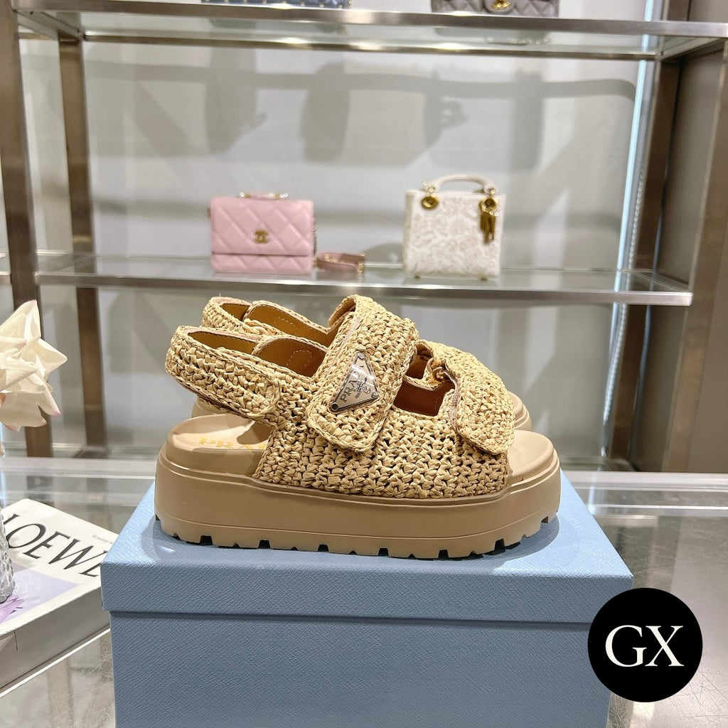 Prada Raffia Platform Sandals – Beige – תמונה 3
