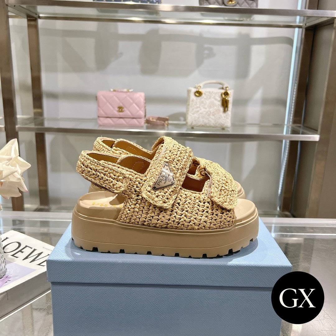 Prada Raffia Platform Sandals – Beige – תמונה 3