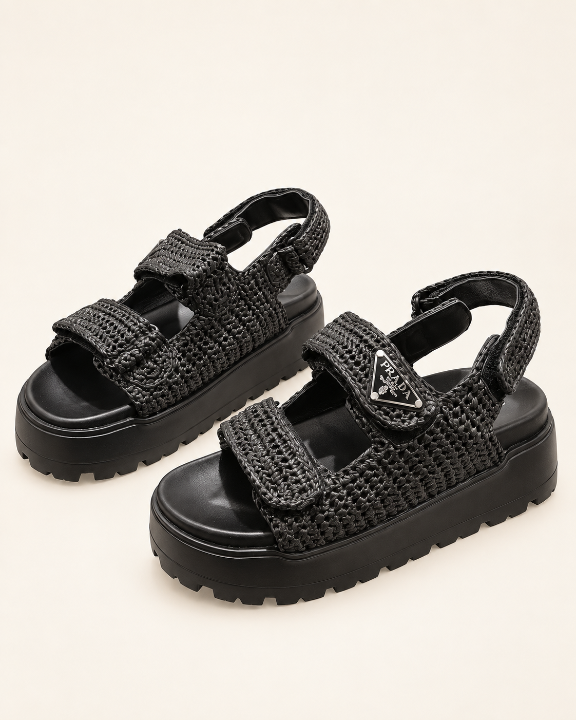 Prada Raffia Platform Sandals – Black – תמונה 2