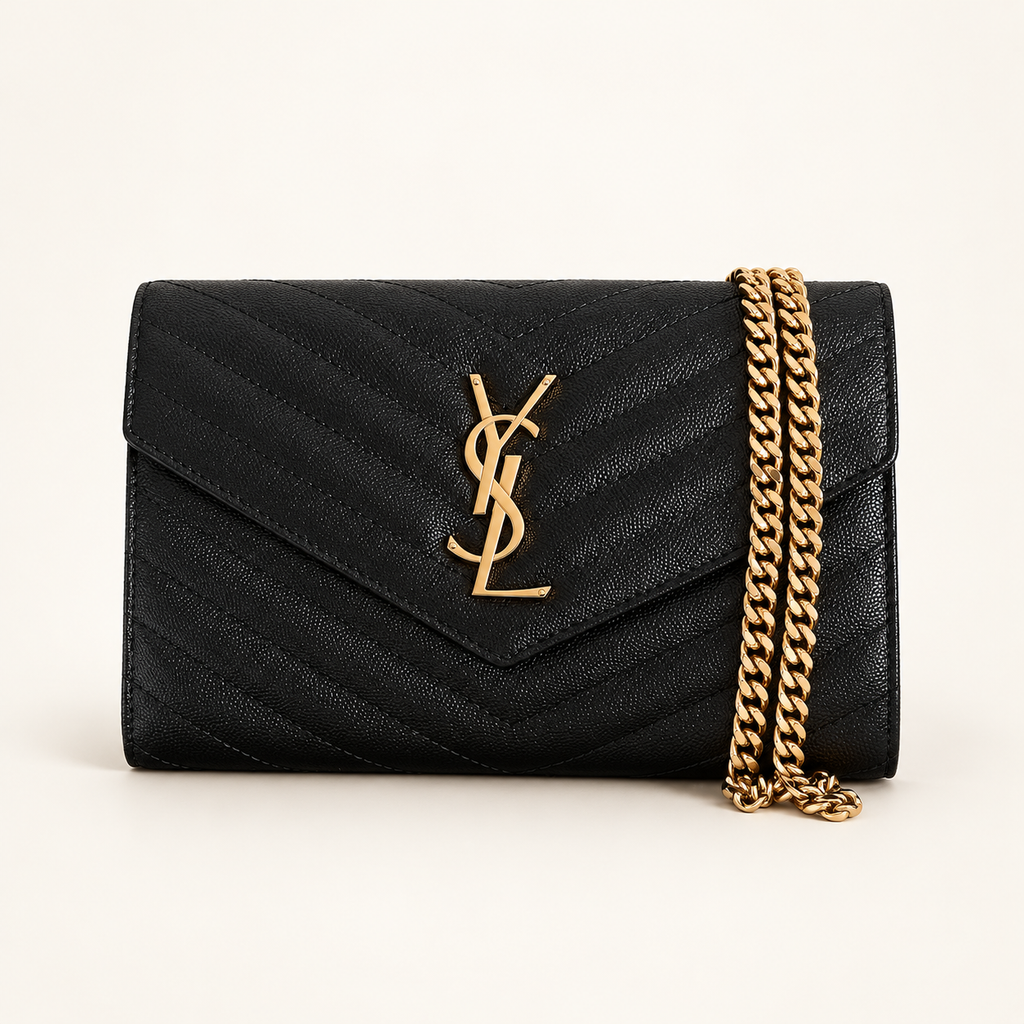 Saint Laurent Cassandre Envelope Chain Wallet Black front