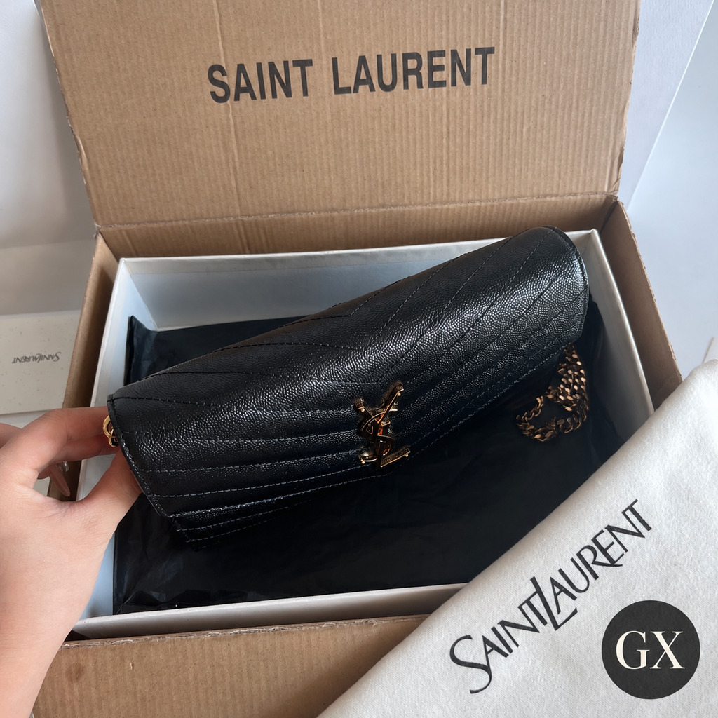 Saint Laurent Cassandre Envelope Chain Wallet Black detail