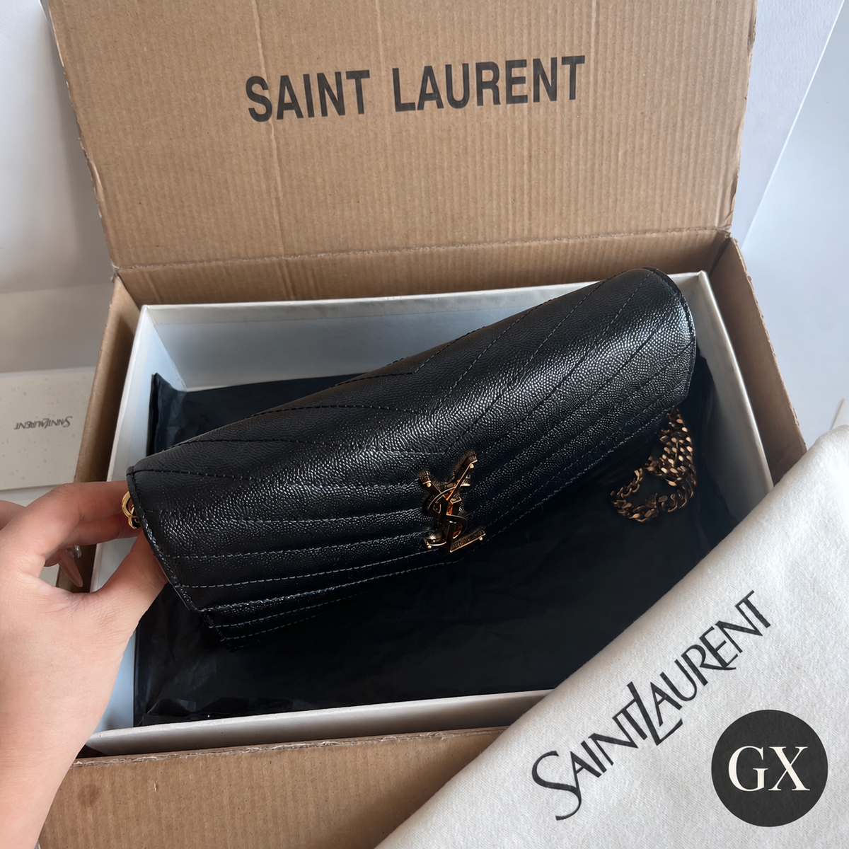 Saint Laurent Cassandre Envelope Chain Wallet Black detail
