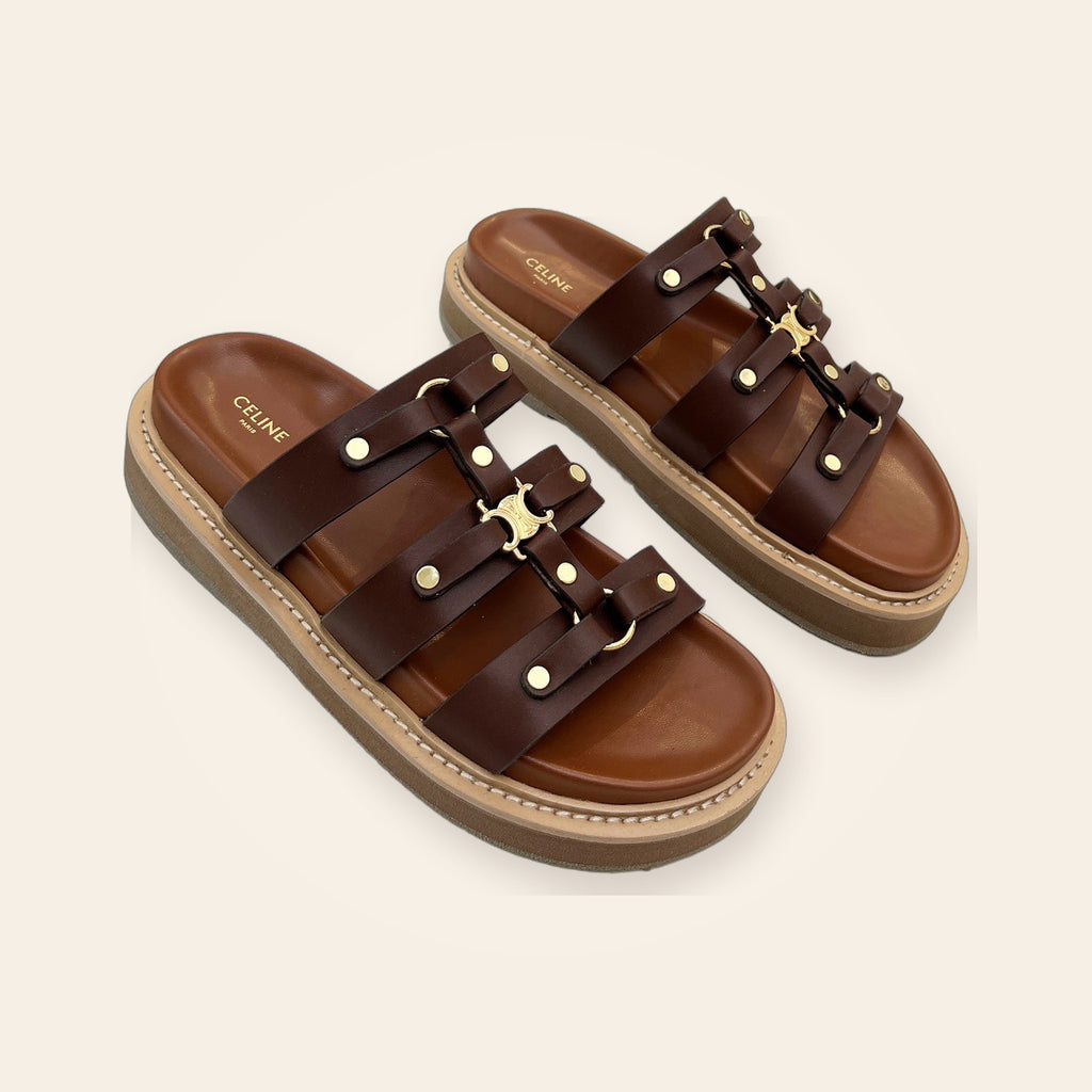 Celine Triomphe Rivet Multi-Strap Slide – חום כהה – תמונת קטלוג 2